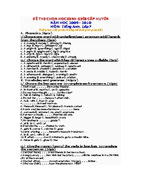 Đề thi chọn học sinh giỏi cấp huyện Tiếng anh lớp 7 - Năm học 2014-2015 - Trường Tiểu học Bích Hòa